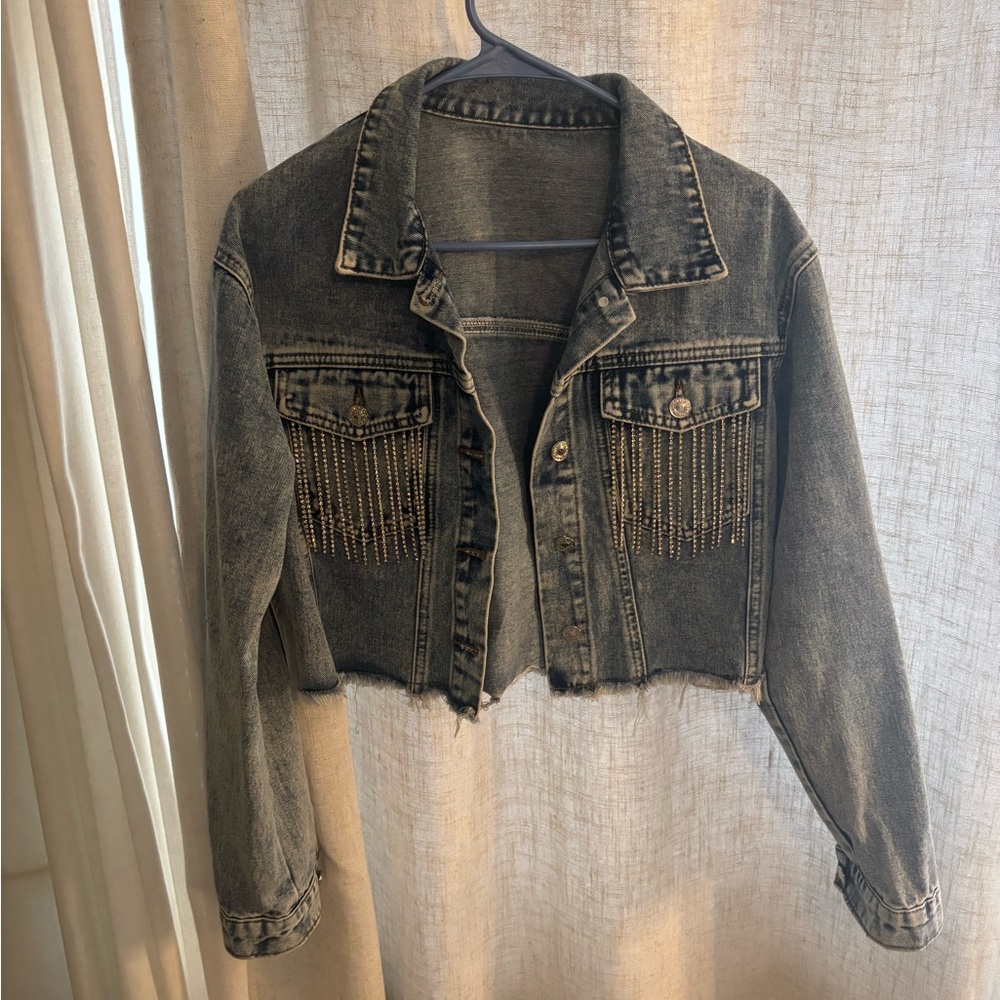 SHEIN Black Washed Cropped Jean Jacket with Gold Fringe